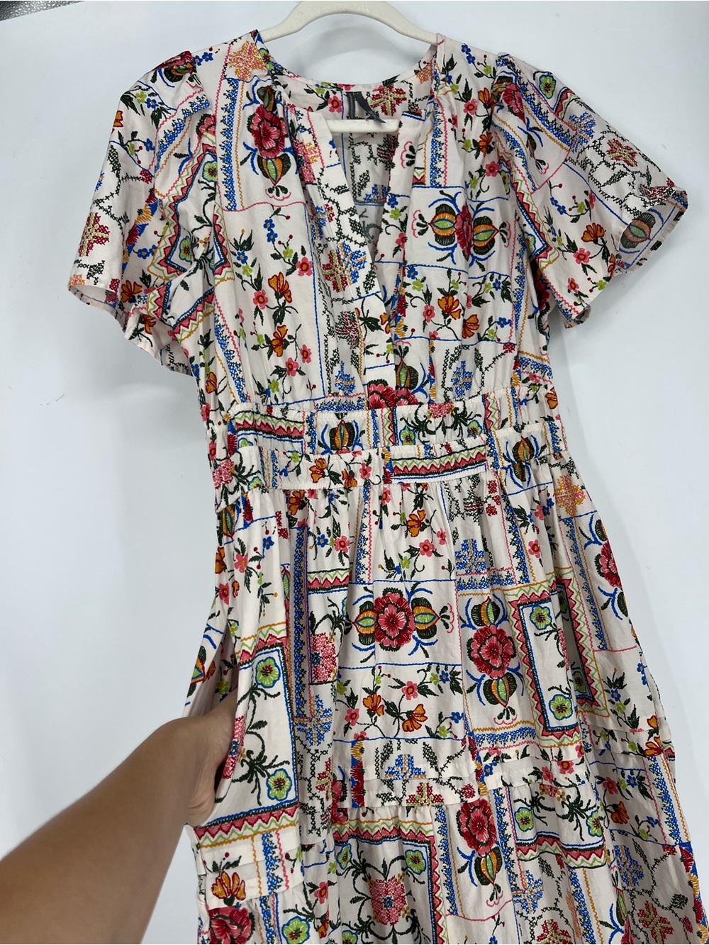 Anthropologie Somerset Printed V Neck Short Sleeve Boho Midi Dress in Oyster L - Picture 8 of 13
